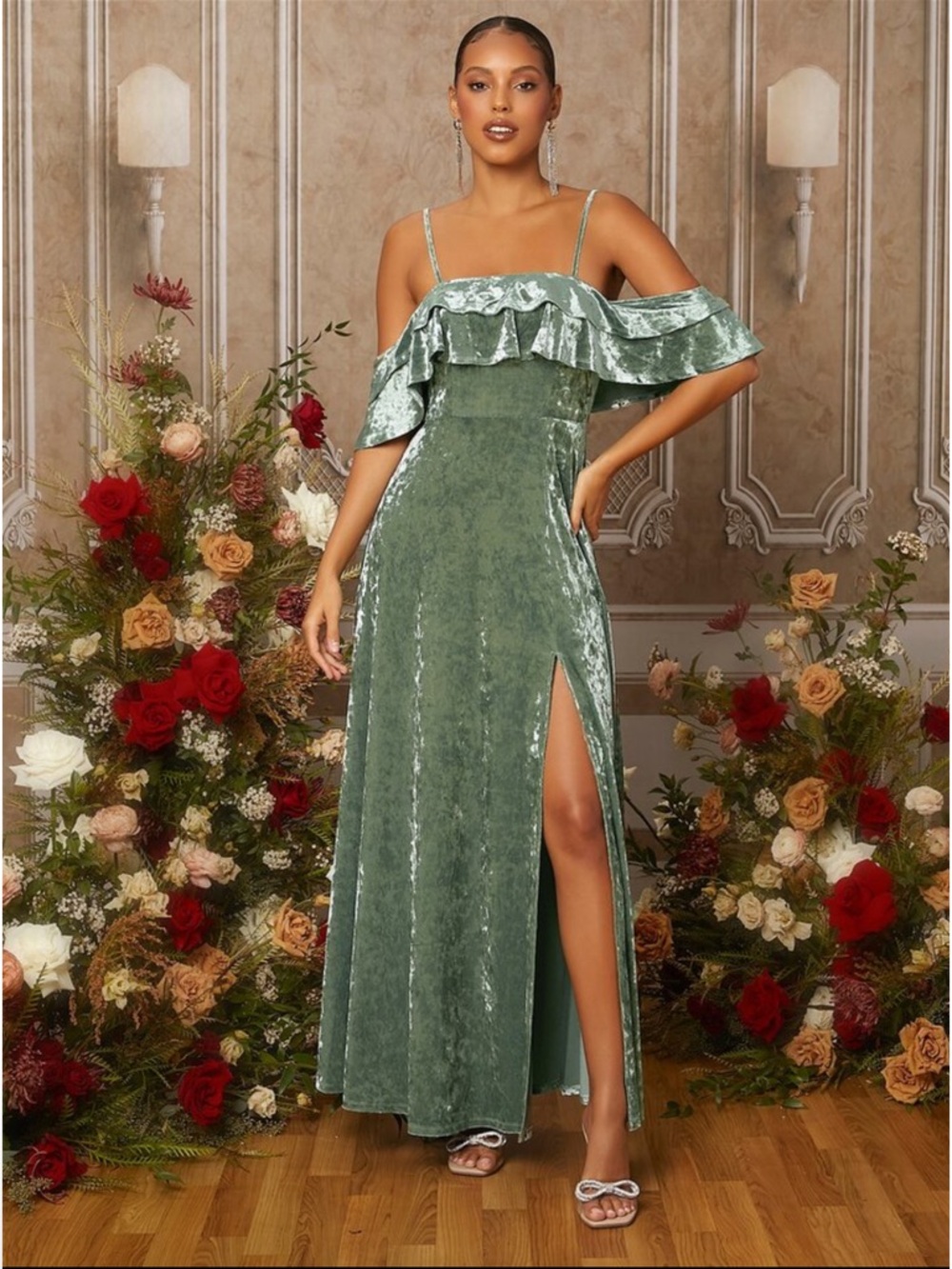 SHEIN Sage Green Velvet Ruffle Off-Shoulder Maxi Dress